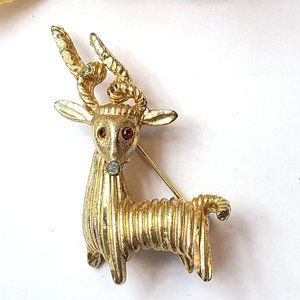 Vintage BSK Aries Ram Brooch Signed Goat Figural Pin Rhinestone Eyes Animal